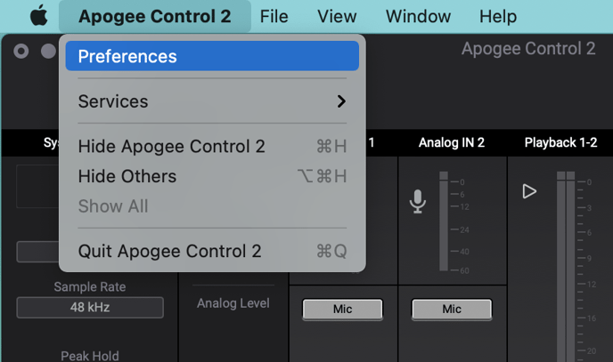 Apogee Control 2 Preferences