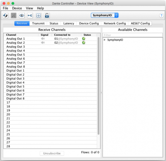 SIOmkII_Dante Controller_Device View Transmit and Receive tab