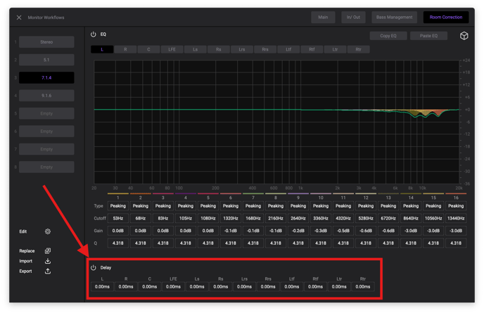 Monitor Workflows Room Correction Delay section