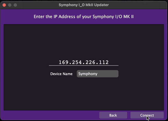 Symphony I/O Dante firmware updater IP Address