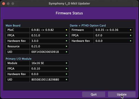 Firmware Updater Dante Symphony IO MkII Status screen