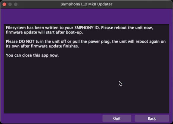 Symphony IO Firmware Updater complete