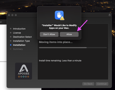 Installer would like to modify apps on your mac allow button